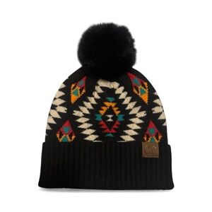 C.C. Girlie Girl Originals Black Aztec Knit Beanie w/ Faux Fur Pom One Size